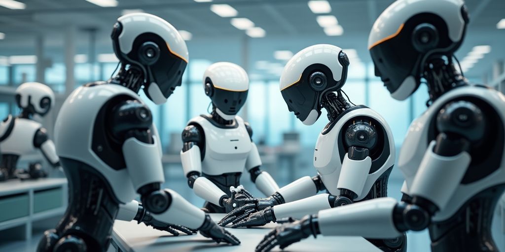 Robots and humans collaborating in a modern industrial environment.